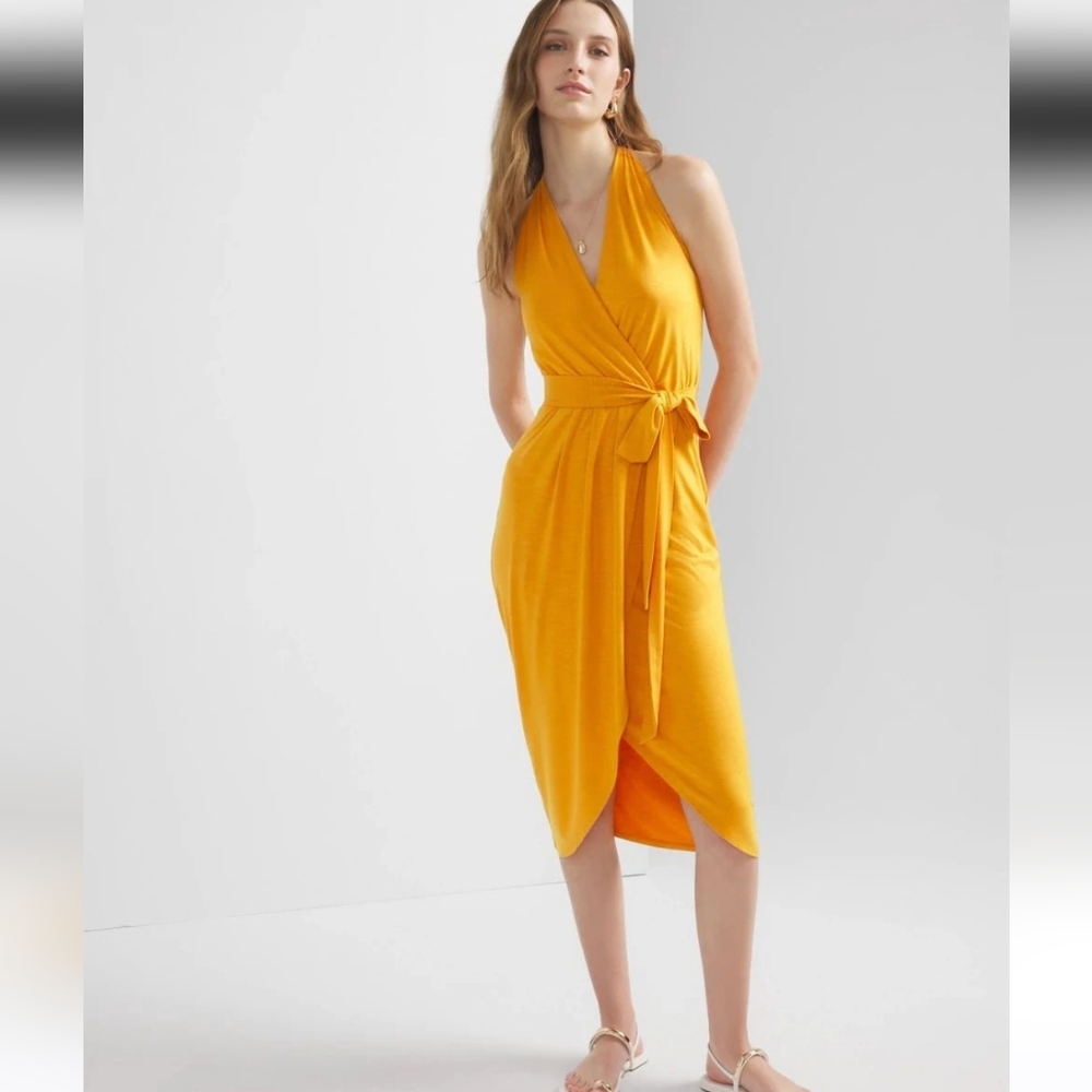 Elegant Yellow Halter Wrap Style Dress